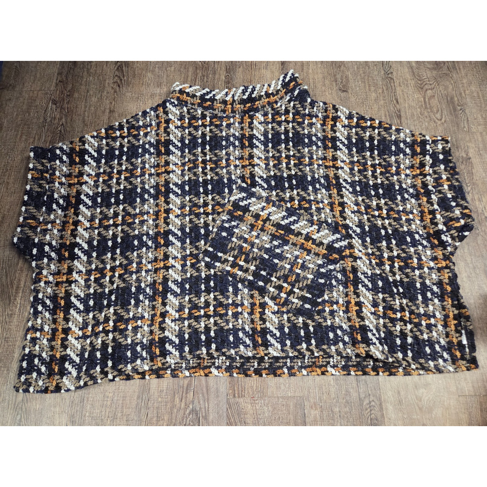 Coco + Carmen Braided Dense Heavy Poncho Shawl Sweater Navy Blue Brown OSFM